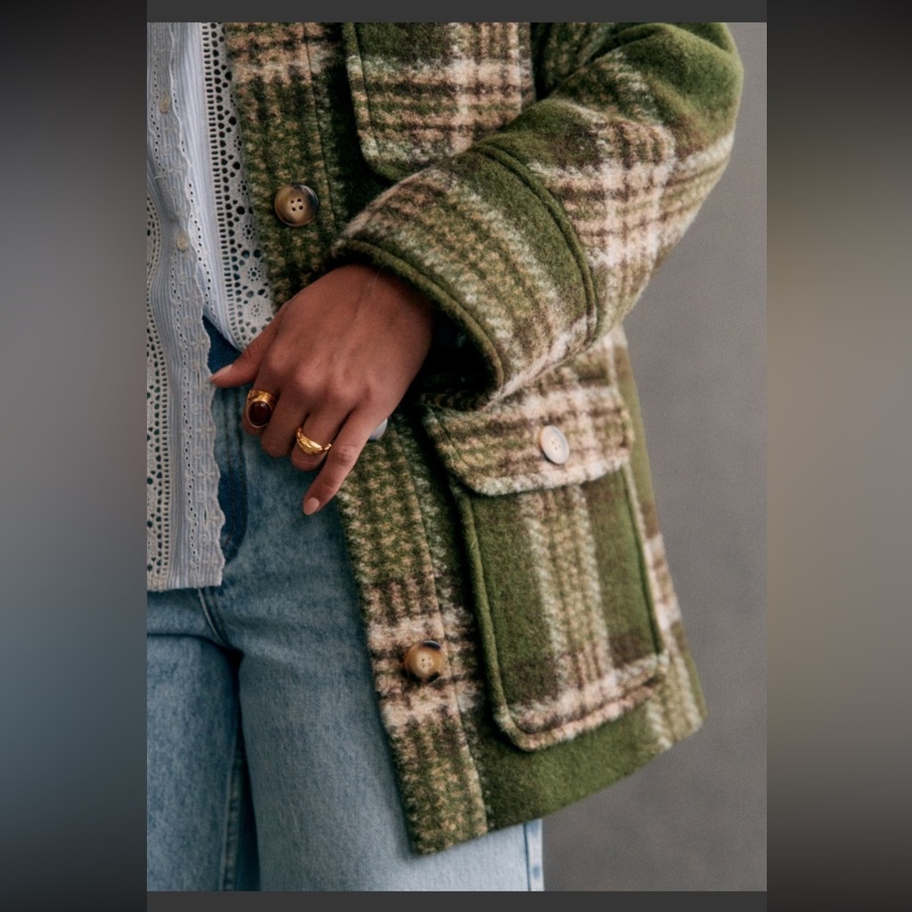 Sezane Paolo Green Khaki Plaid Check Jacket, NWT - Picture 6 of 10